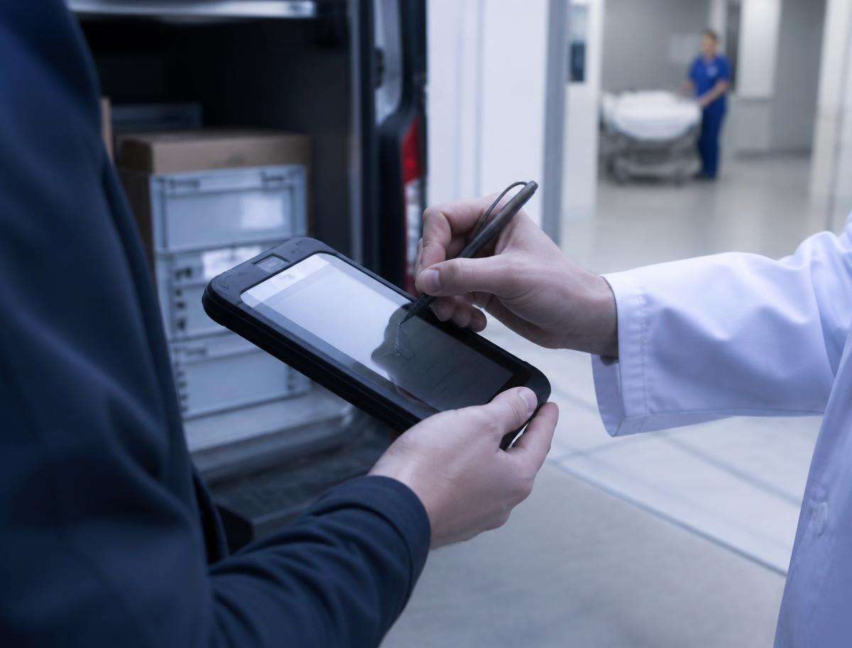 Courier capturing a digital signature at a hospital dock during a STAT run
