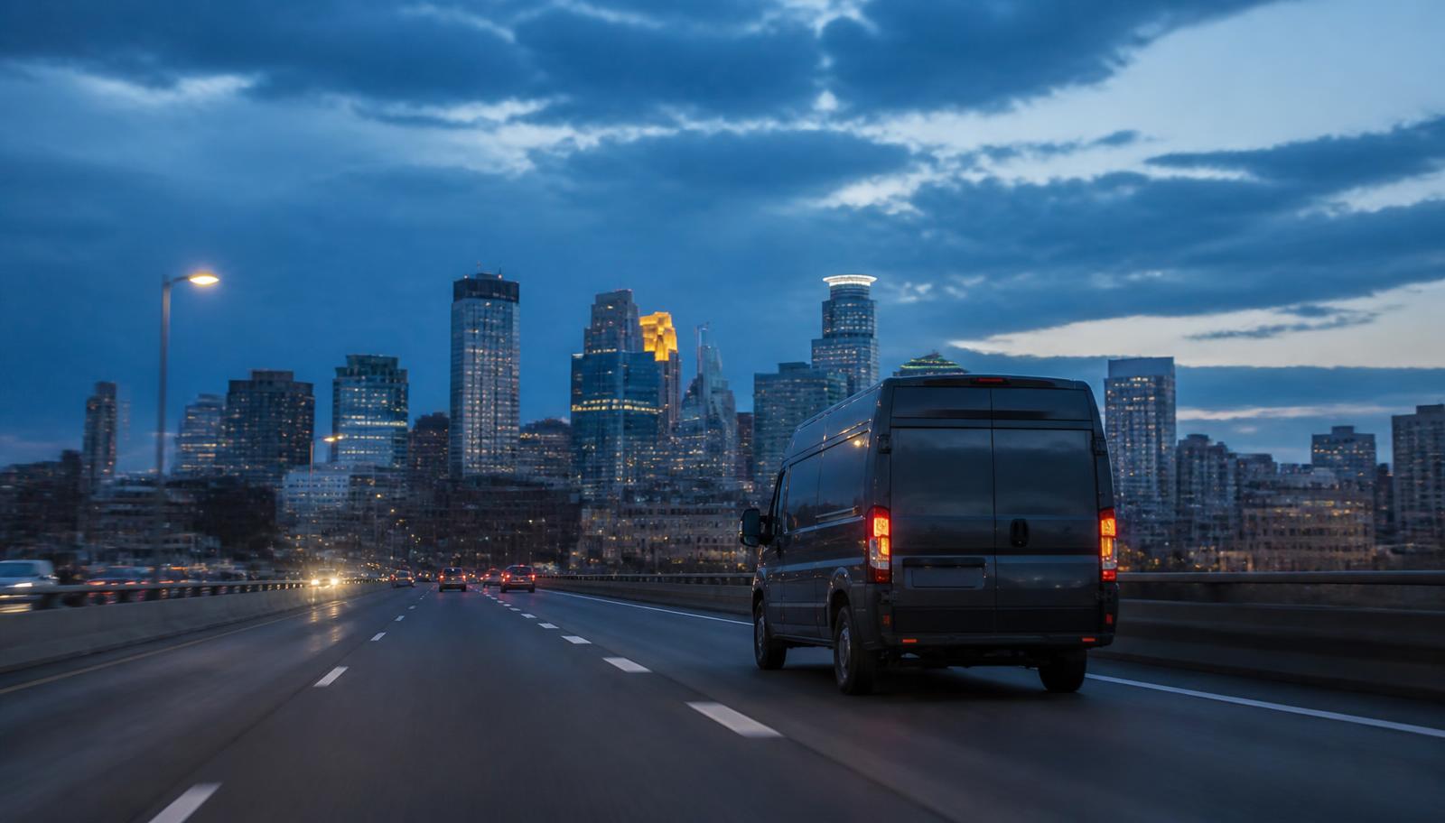 Medical courier van heading toward the Minneapolis skyline at dusk