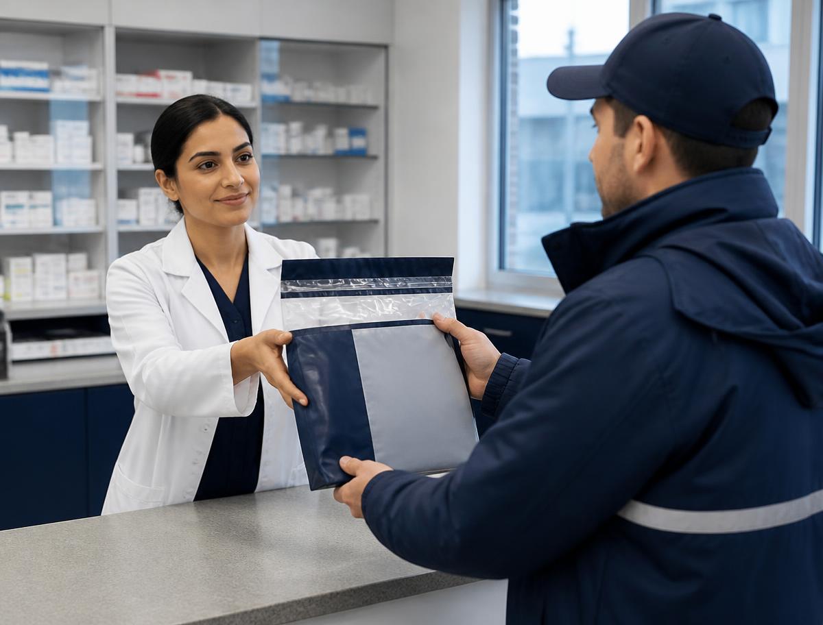 Pharmacist handing a sealed pharmacy delivery bag to a Clear Path courier