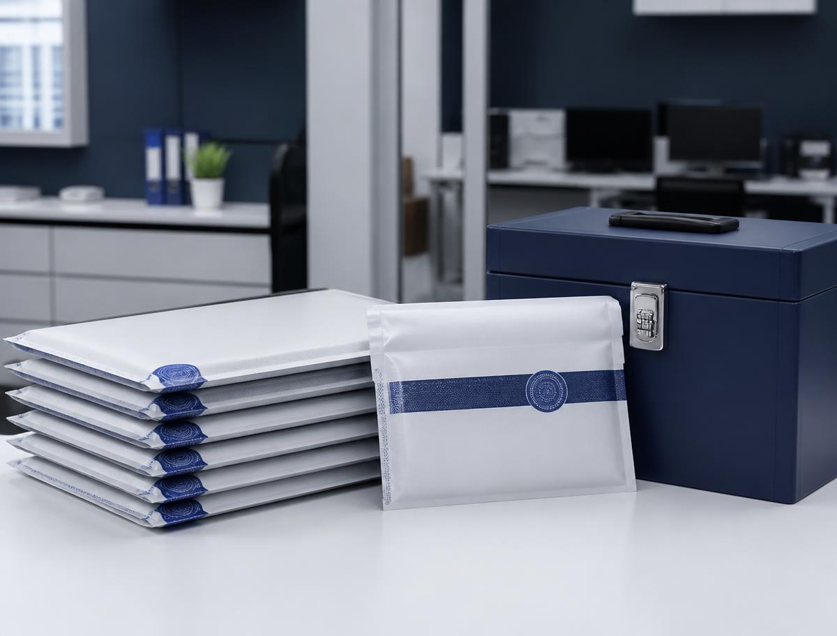 Tamper-evident medical records envelopes and a locked document transfer case