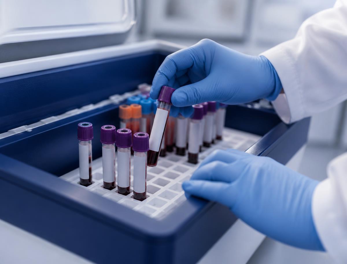 Gloved hands loading labeled specimen tubes into a temperature-controlled transport rack